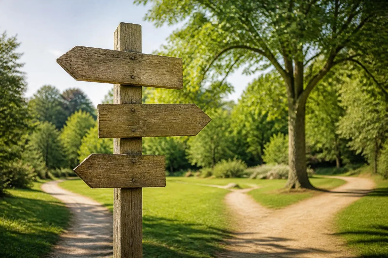 Panneau en bois avec trois flèches dans des directions différentes dans un parc ensoleillé