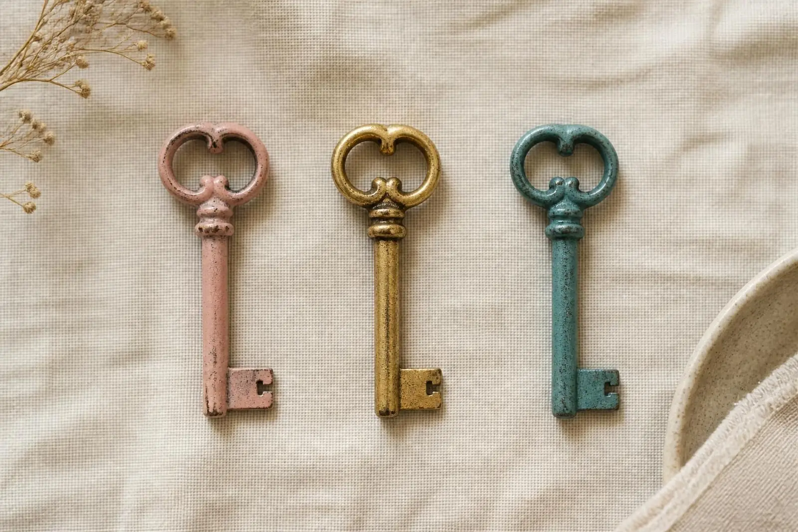 Trois clés anciennes rose, dorée et turquoise posées sur une nappe en lin