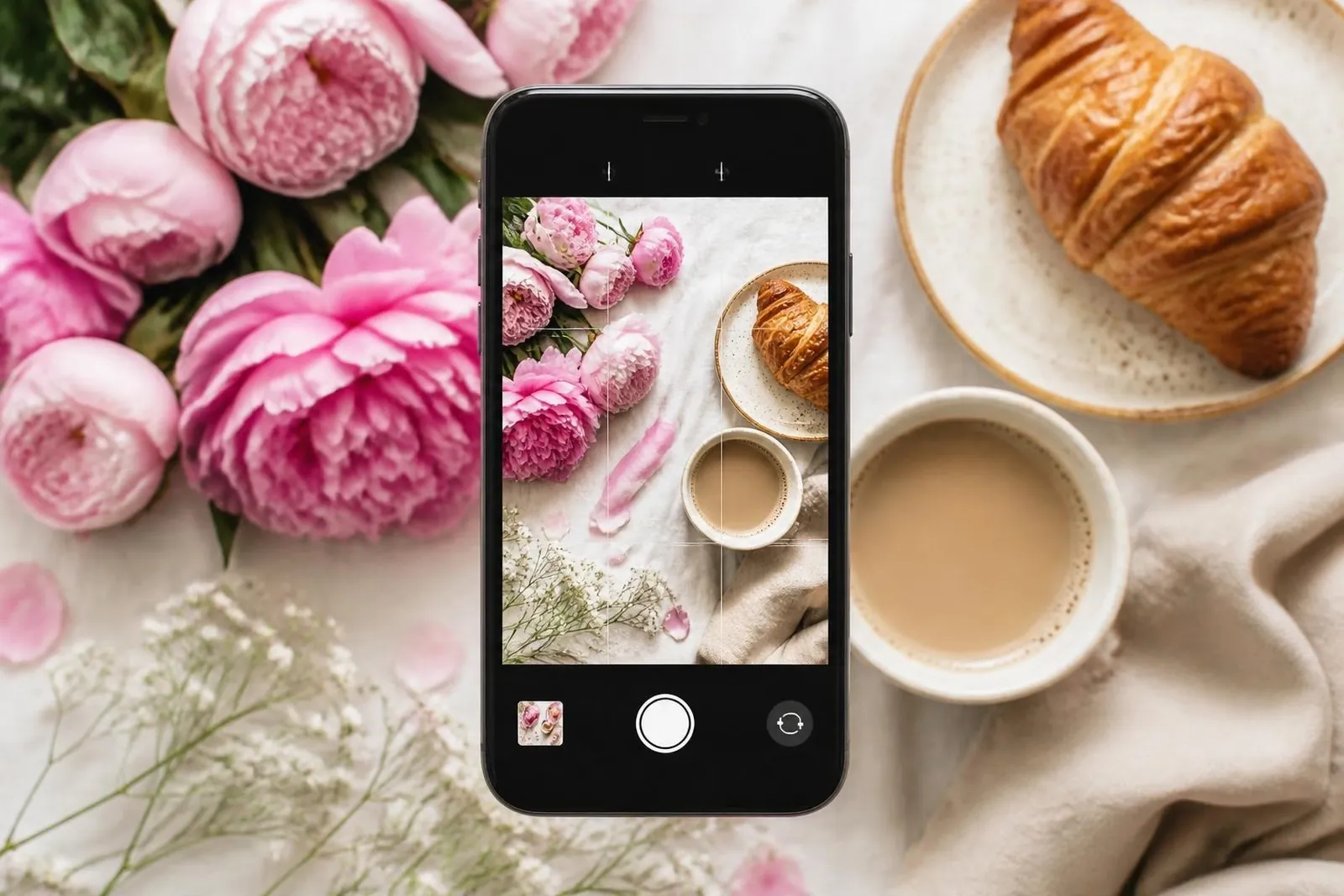 Smartphone qui photographie d’en haut un joli flat lay de fleurs, croissant et café