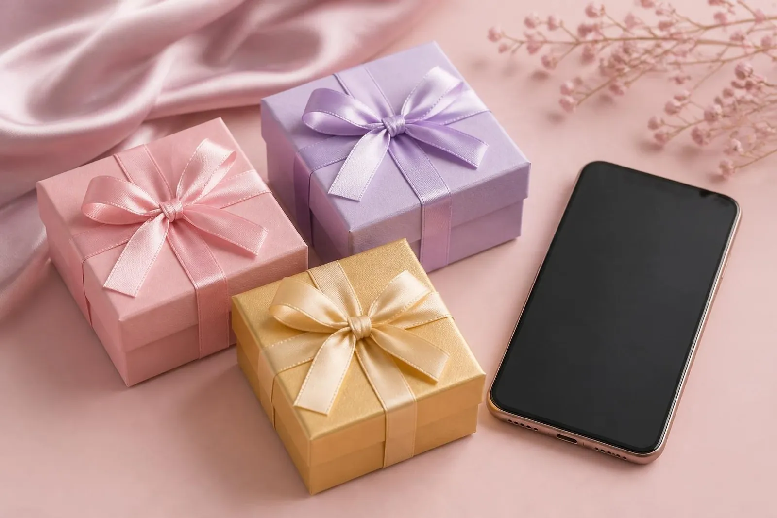 Trois petites boîtes cadeaux rose, lilas et dorée à côté d’un smartphone