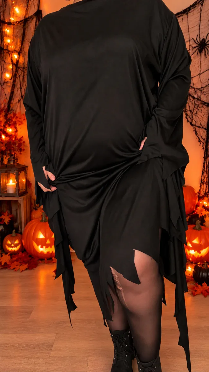 Fanny Secrets en robe noire et collants, debout dans un décor d’Halloween