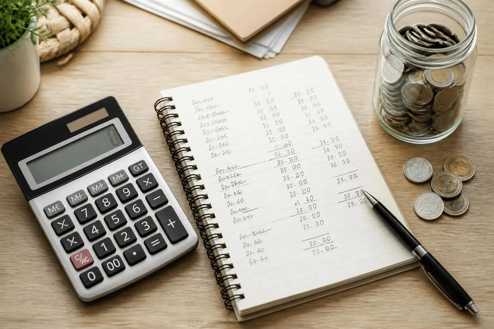 Calculatrice posée sur un carnet de comptes