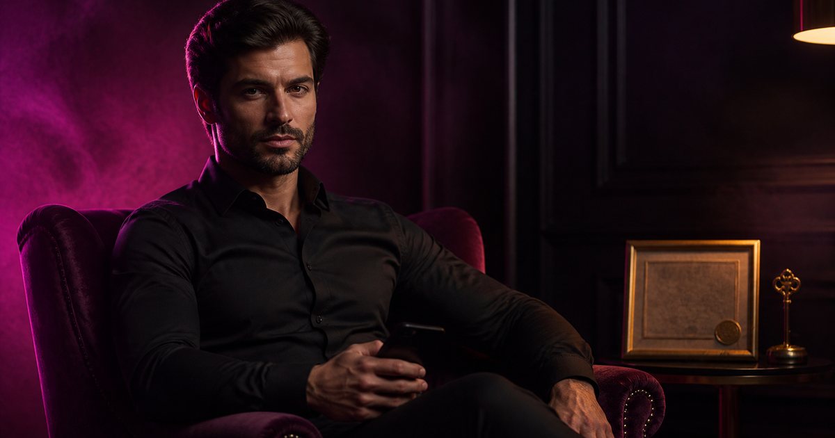 Illustration générée : un homme élégant en chemise noire dans un fauteuil de velours, lumière rose et violette