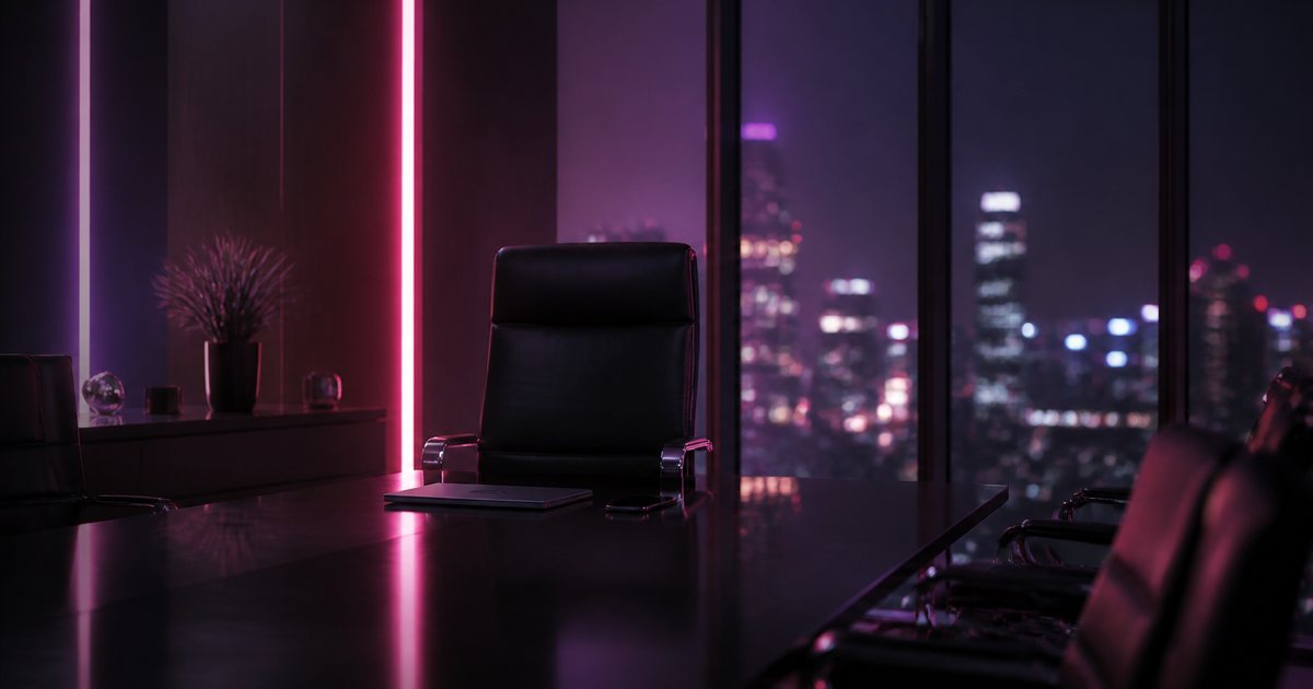 Illustration générée : une salle de réunion de nuit avec un fauteuil de direction vide, lumières roses et violettes