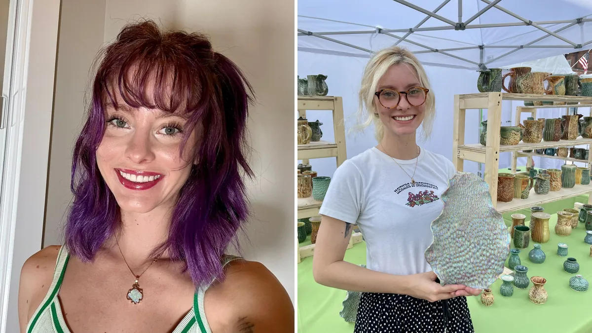 Haven Tunin, céramiste et créatrice, souriante, et devant son stand de poteries
