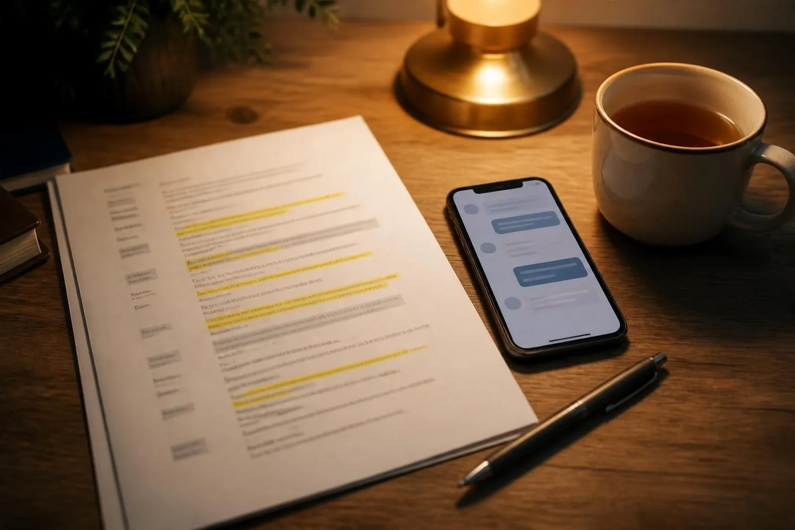 Script imprimé surligné à côté d’un smartphone ouvert sur une conversation