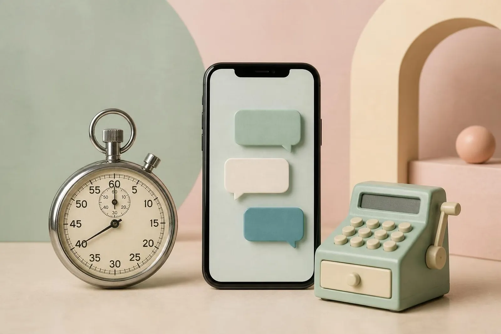 Chronomètre vintage, smartphone avec bulles de chat et petite caisse enregistreuse