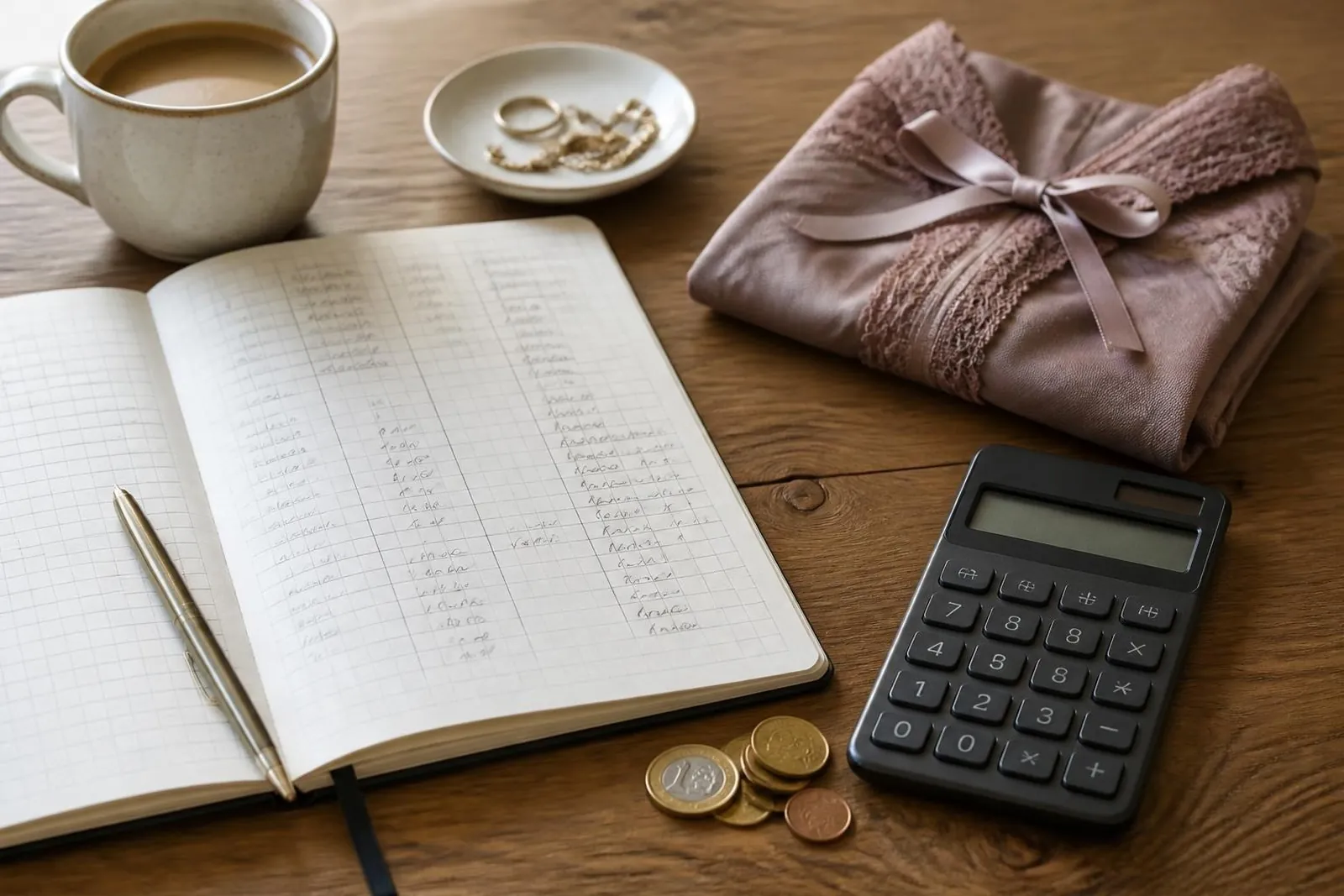 Carnet de comptes, calculatrice et pièces à côté d’une lingerie emballée avec un ruban