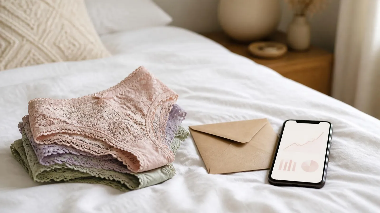 Culottes en dentelle pliées sur un lit avec une enveloppe kraft et un téléphone affichant des gains