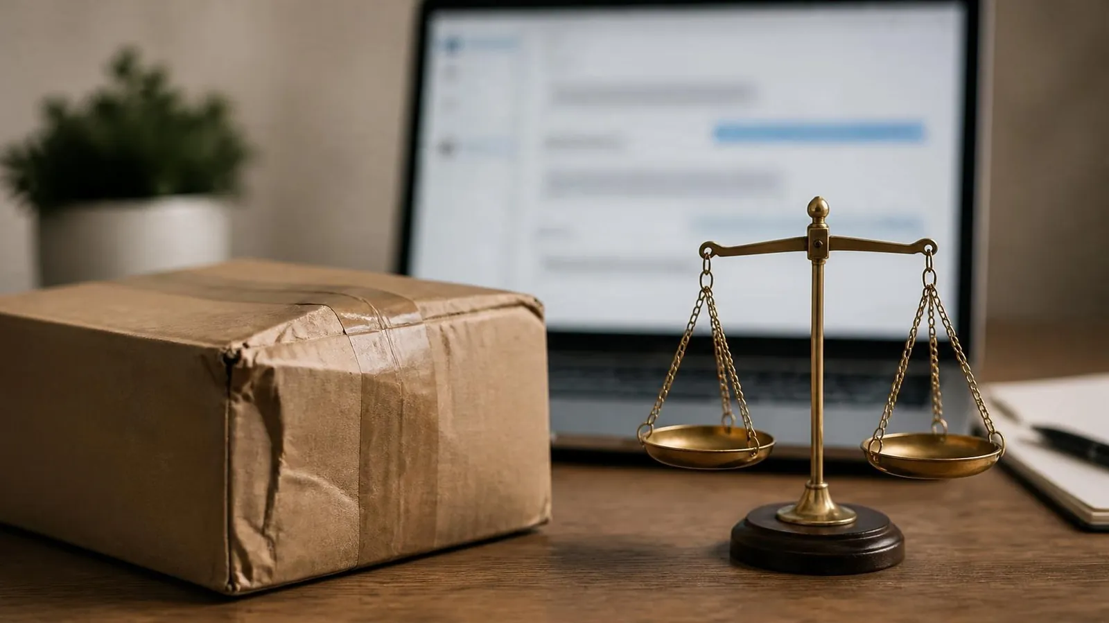 Colis abîmé et balance de justice devant un ordinateur ouvert sur une messagerie