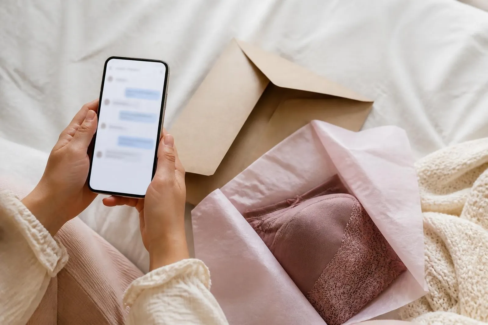 Mains tenant un téléphone avec une conversation client, à côté d’un colis de lingerie ouvert