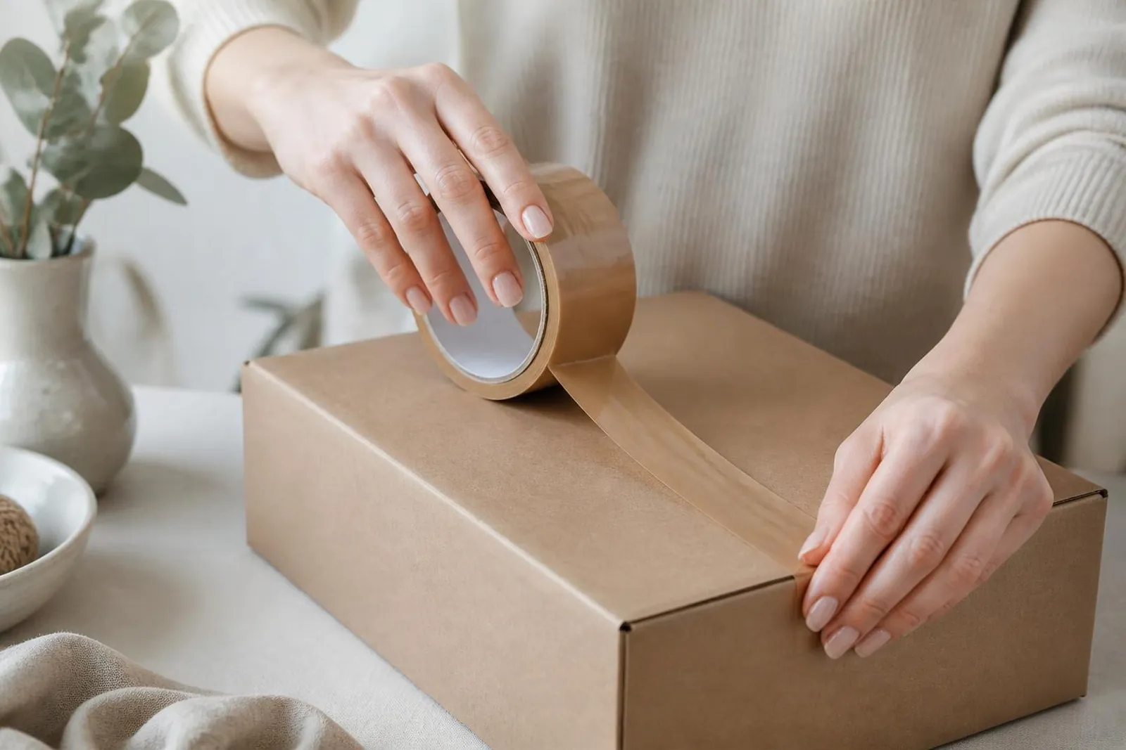 Mains qui ferment un colis kraft neutre, sans étiquette visible