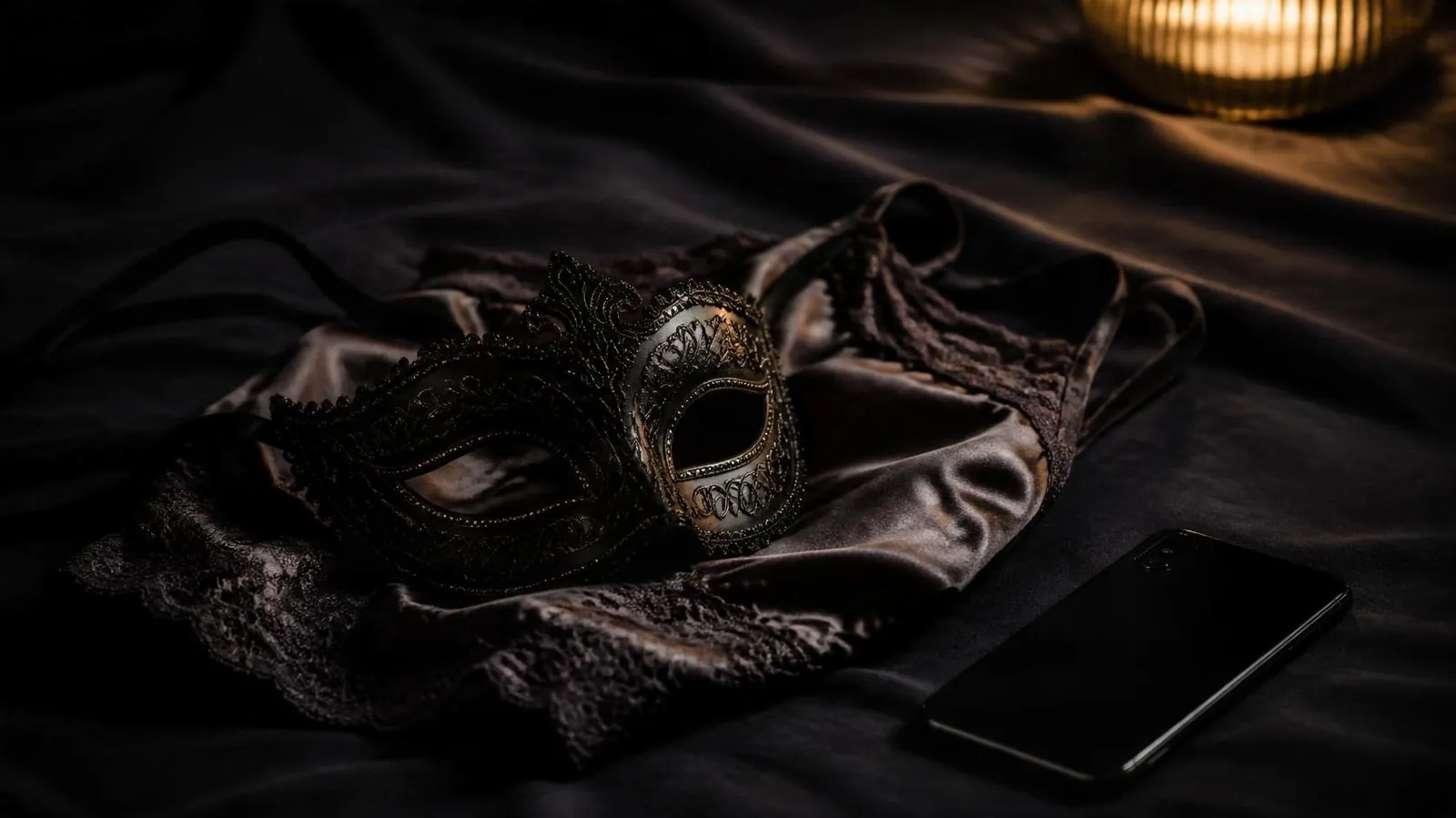 Masque vénitien posé sur de la lingerie en satin, symbole d’une vente anonyme